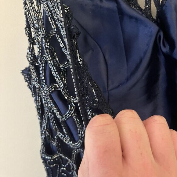 Scala Navy Blue Sleeveless Beaded Gown Maxi Long L Silk Women’s Formal Wedding - Picture 16 of 16